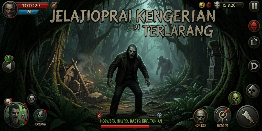 Tampilan antarmuka menegangkan dan mencekam dari game horor.